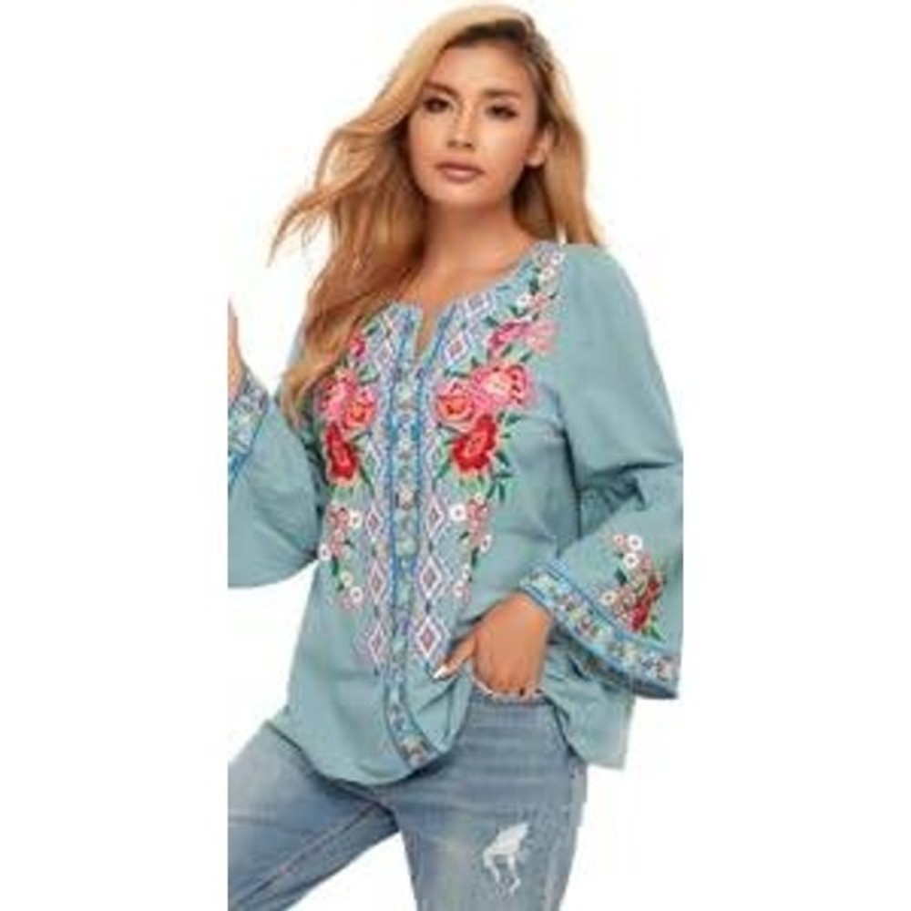 YZXDORWJ Embroidered Floral Blouse Womens 3XL Blue Boho Peasant Bell Sleeve Top